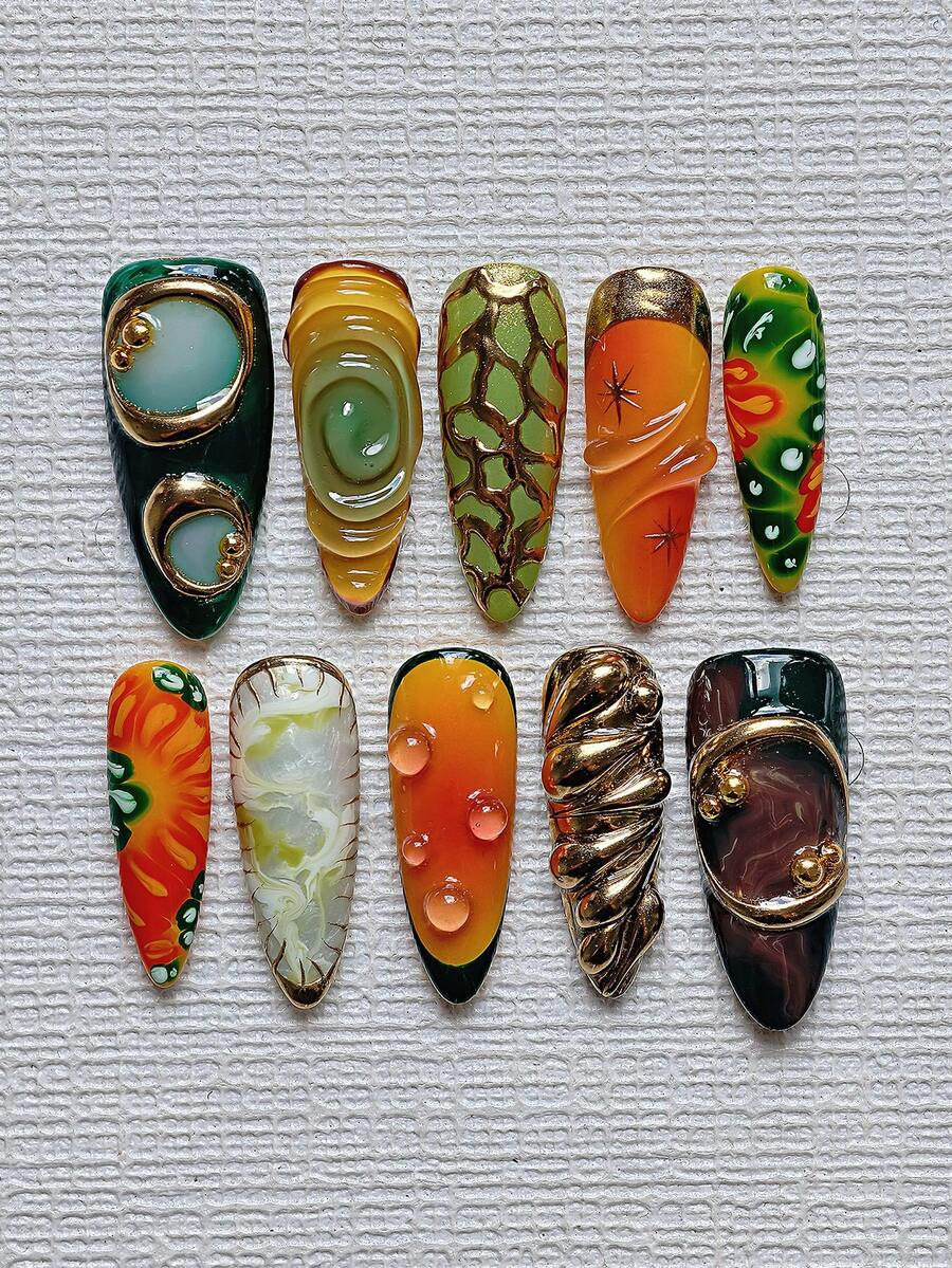 10pcs Almond-Shaped Gothic Vampire Style Nail Stickers - Green To Orange Ombre French Manicure, G... | SHEIN