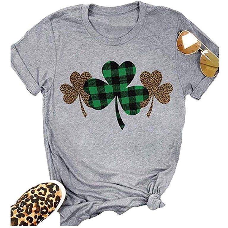 Beopjesk Womens St Patrick's Day Leopard Plaid Clover T-Shirt Graphic Tees Tops | Walmart (US)