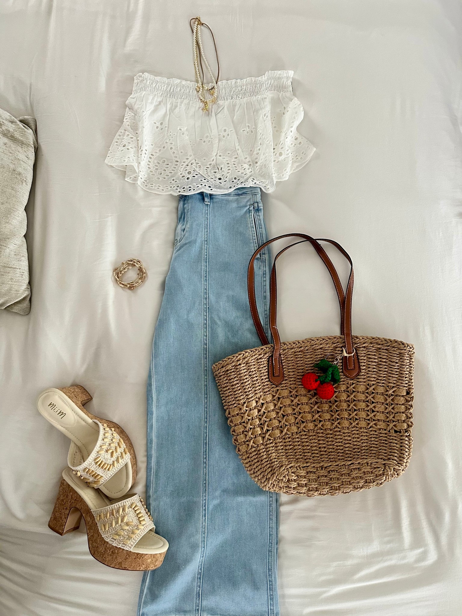 Cherry-picked this look for a sunny day ☀️ Eyelet tops + platform heels = my forever summer combo. Tap to shop it all — including this adorable bag charm 🍒 #PetiteStyle #Over40Fashion #LTKsummer 
Vici code Trilbysave30

Casual summer style with a little coastal flair—perfect for errands or lash appointments 💁‍♀️✨ Eyelet and wide legs are a match made in comfort heaven!

#LTKItBag #LTKShoeCrush #LTKOver40