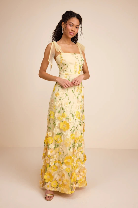Thriving Poise Yellow 3D Floral Embroidered Tie-Strap Maxi Dress | Lulus