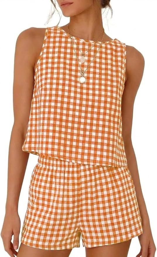 IDEALSANXUN Womens Gingham Set Spring Summer 2 Piece Cute Machting Sets | Amazon (US)