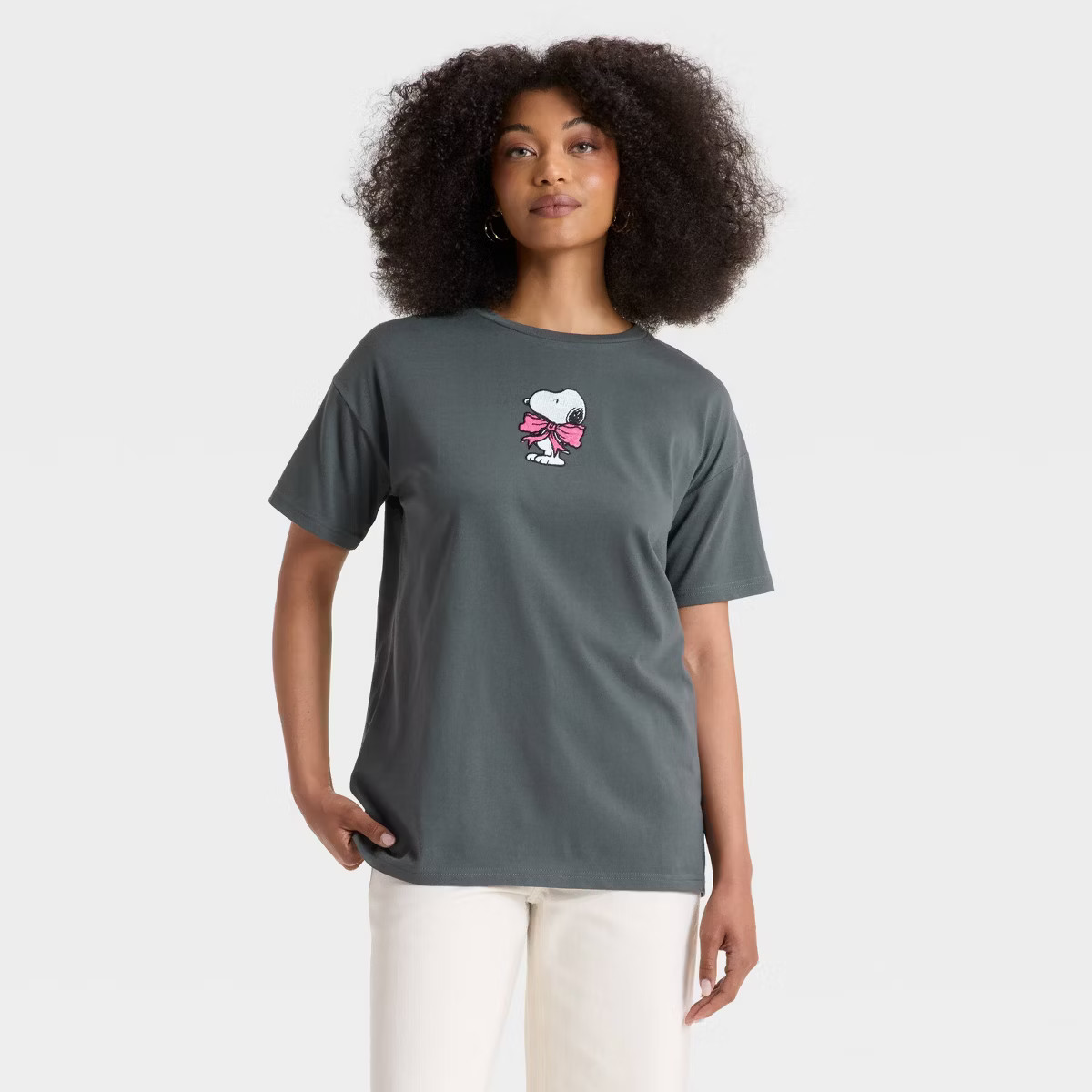 Women's Peanuts Snoopy Bow Short Sleeve Graphic Oversized T-Shirt - Gray | Target