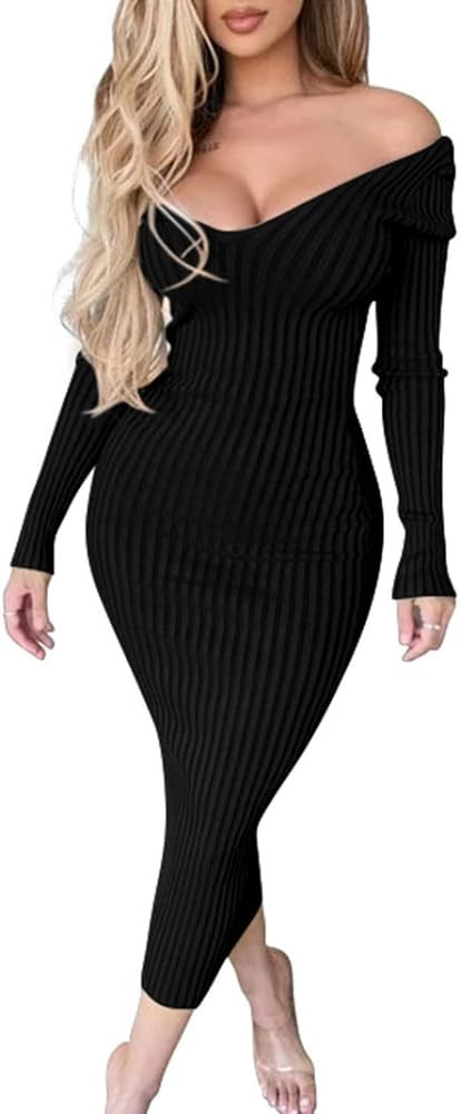 BEAGIMEG Women's Sexy Long Sleeve Off Shoulder Knit Bodycon Long Dress | Amazon (US)