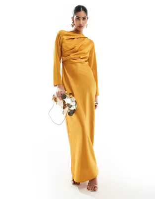 ASOS DESIGN satin maxi dress with drape bodice detail in mustard | ASOS (Global)