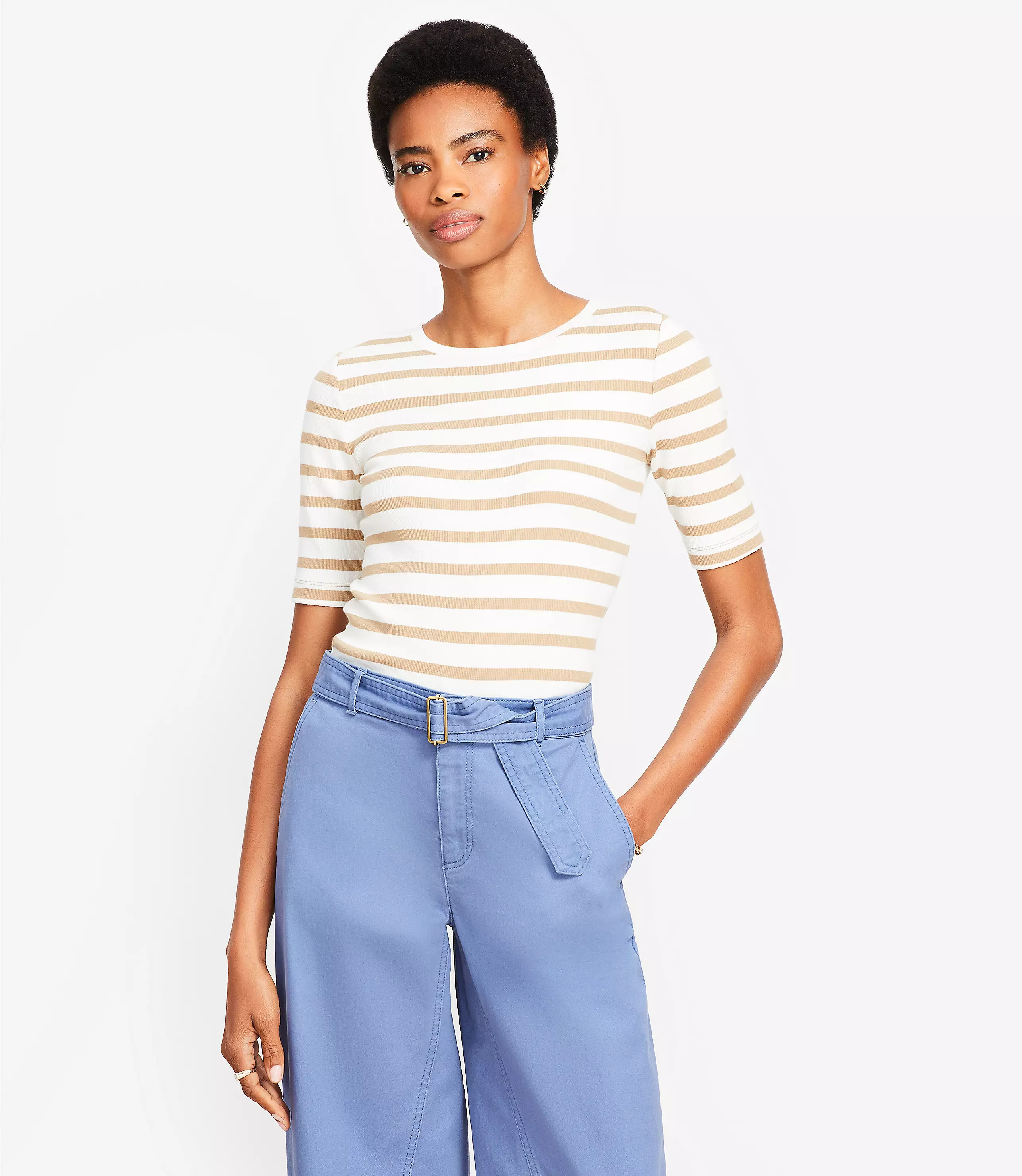 Petite Stripe Perfect Ribbed Elbow Sleeve Tee | LOFT