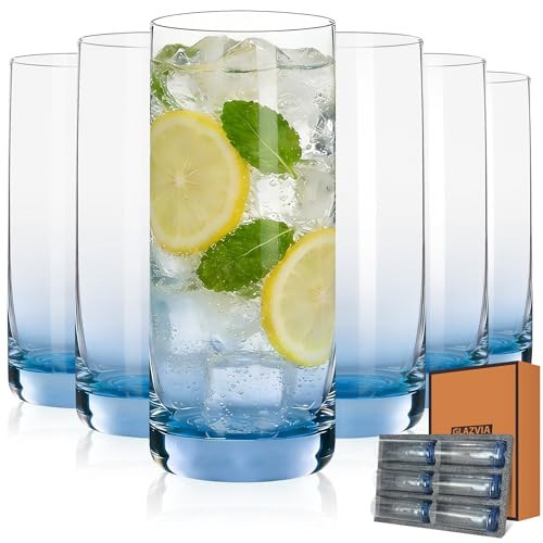 GLAZVIA Blue Highball Glasses Set of 6,13oz Drinking Glass Cups for Mixed Drink Cocktail, Beer, Mojito, Water and Juice,Thick Tall Crystal Glassware for Kitchen, Restaurant, Home Bar and Parties | Amazon (US)