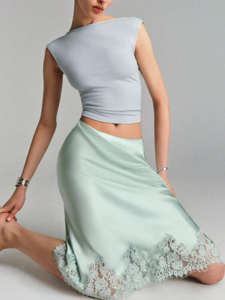 Women Satin Midi Skirt Silk Lace Trim Long Skirts Fashionable Elegant Solid Color A Line Flowy Si... | SHEIN