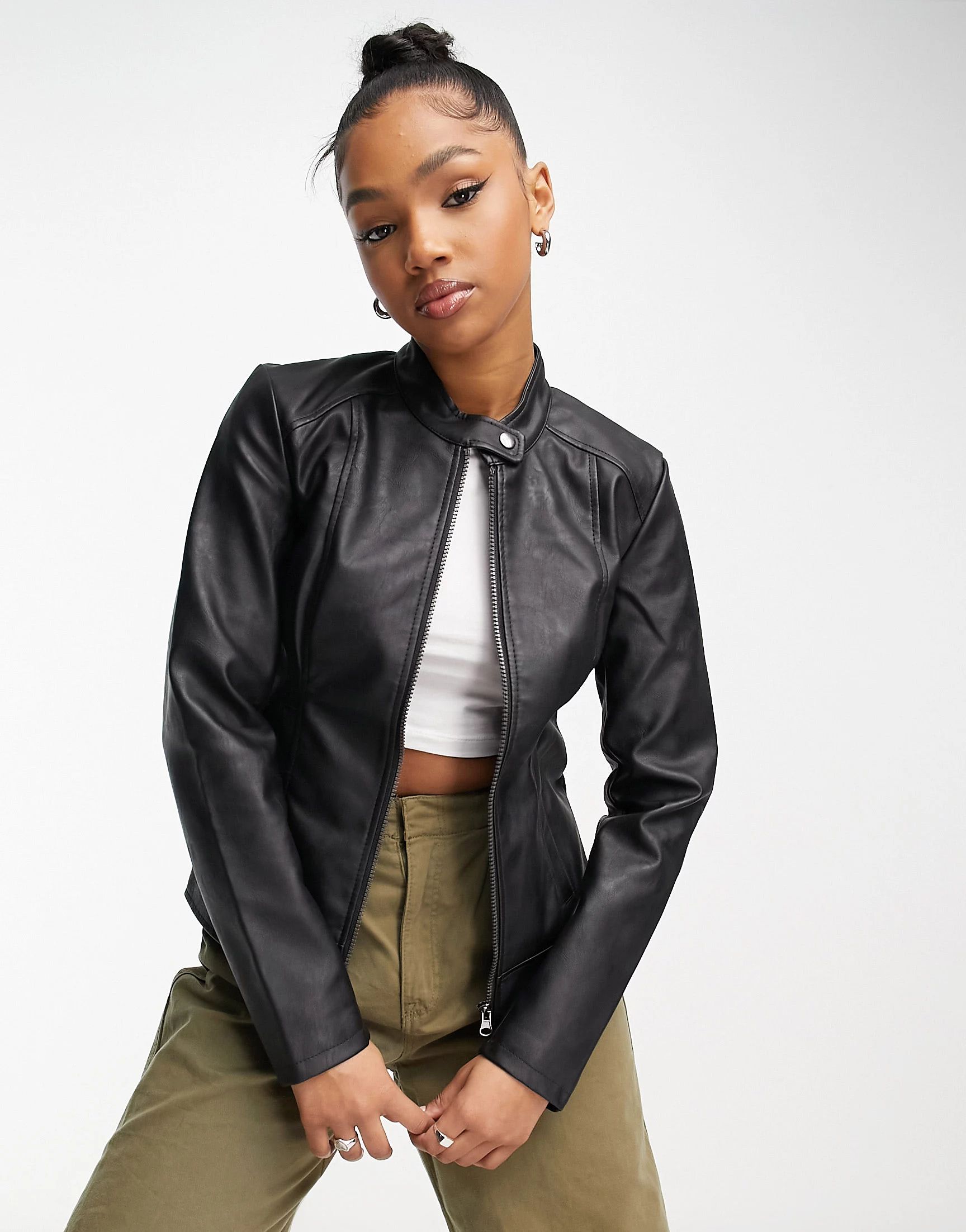 JDY collarless faux leather jacket in black | ASOS (Global)