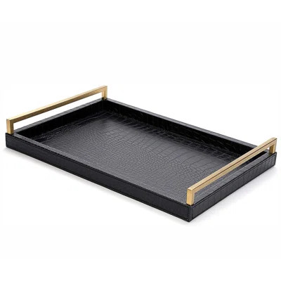 Leather Ottoman Tray, Big Serving Tray with Brushed Gold Handles for Bars, Parties (Black) | Wayfair Professional