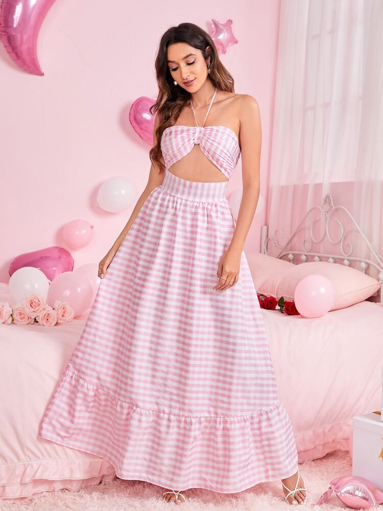 SHEIN Gingham Print Halter Neck Cut Out Backless Ruffle Hem Dress | SHEIN