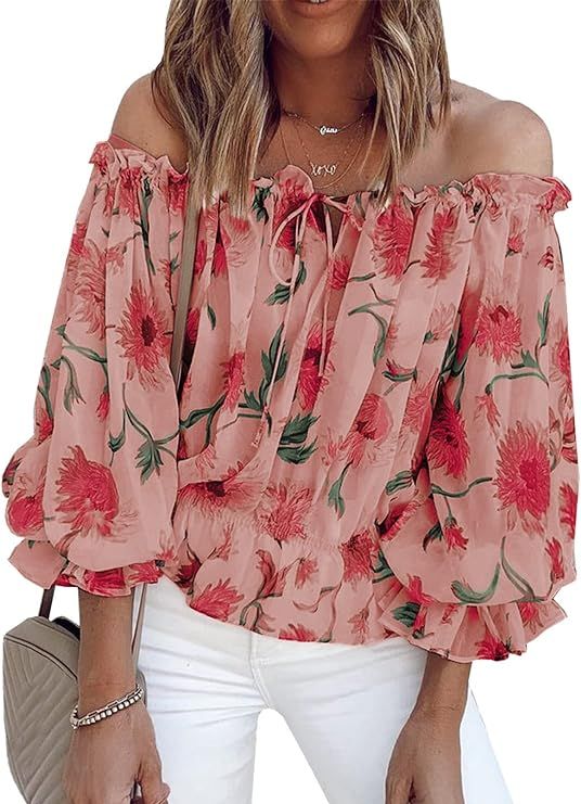 BLENCOT Summer Off The Shoulder Tops for Women Boho Floral Print Ruffle Sleeve Blouses | Amazon (US)