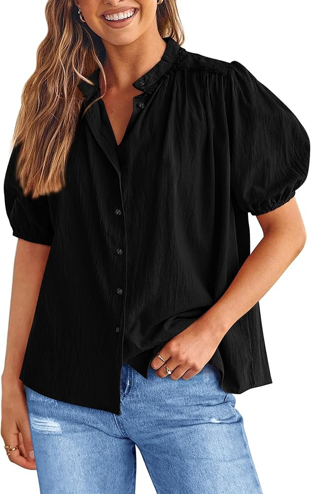 PRETTYGARDEN Womens Summer Button Down Short Lantern Sleeve V Neck Cotton Tops | Amazon (US)