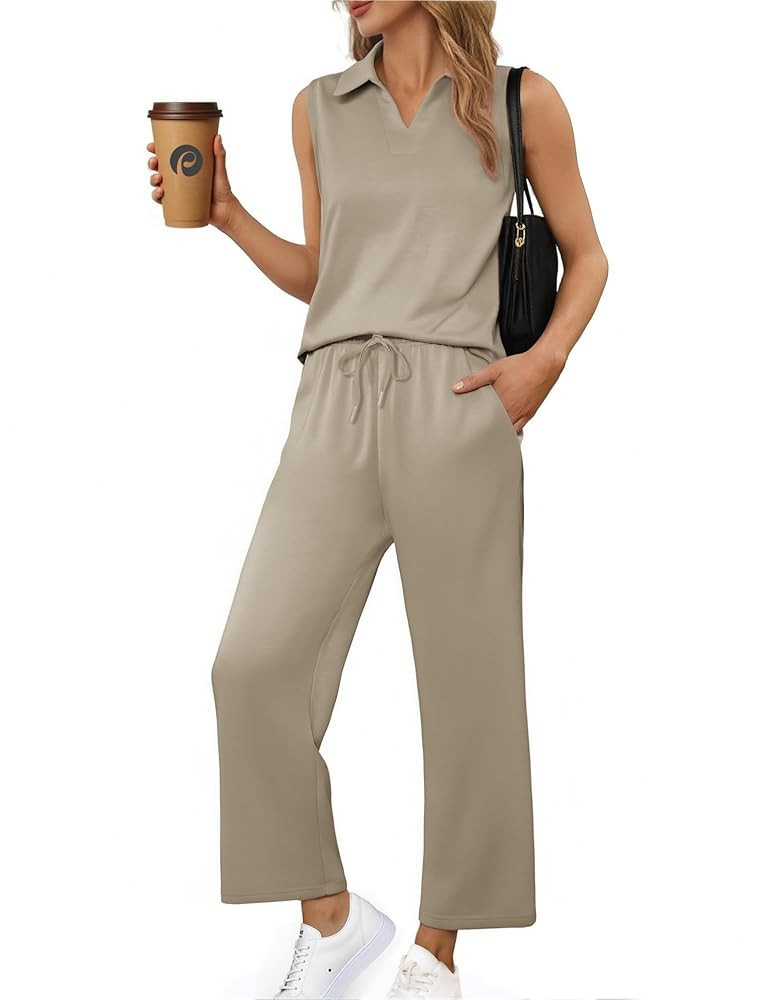 PINSPARK Two Piece Sets for Women Sleeveless Outfits Travel Tracksuit V Neck Top Wide Leg Pant Lo... | Amazon (US)