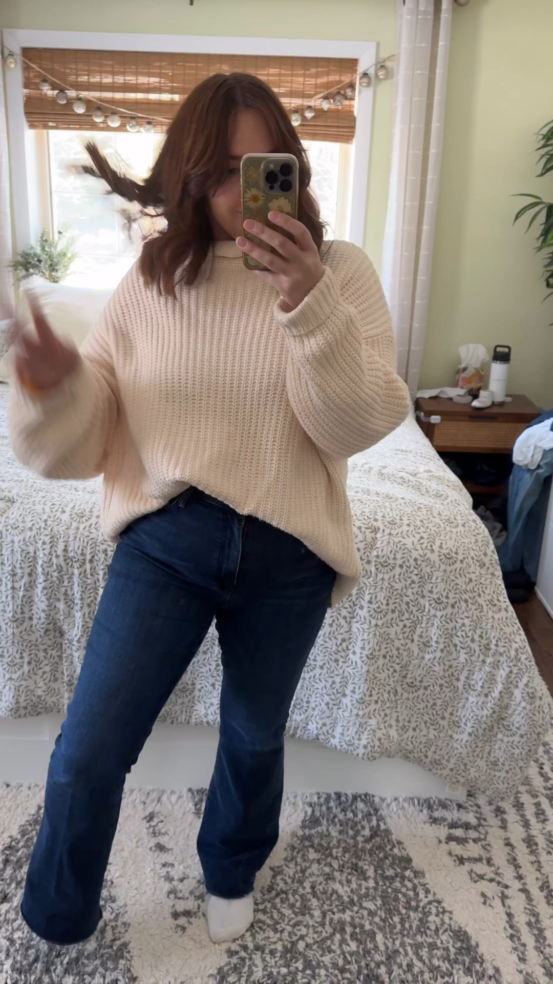 The most flattering and comfy pair of midrise jeans I’ve ever owned. These dark wash flare denim jeans fit snug in the butt and looser towards the ankle. They are pretty pricey, but one of the only brands of jeans I truly love when they fit. 
 
Nordstrom offers free returns. This specific pair of Mother denim runs true to size and is midrise. Im in a 32 (12/14)

#ltkootd #ltkmidsize #ltkseasonal