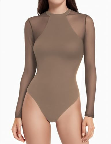 Mesh Long Sleeve Bodysuit Tops for Women Crew Neck Body Suits Tops Women's Sexy Sheer Mesh Lace Leotard Jumpsuits Khaki Going Out Fashion Jumpsuit Basic Clothing Shirts Outfits Smoke Cloud Round - 2XL | Amazon (US)