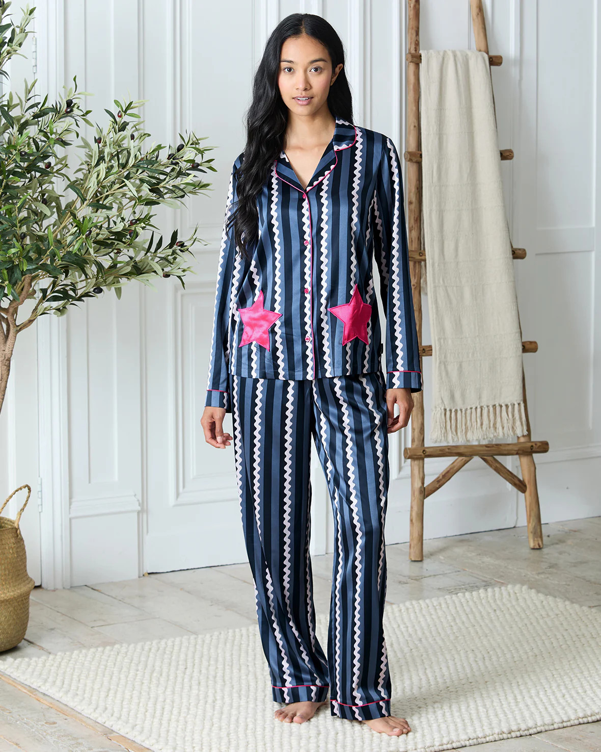 Satin Star Pocket Striped Long Pyjama Set | Chelsea Peers NYC