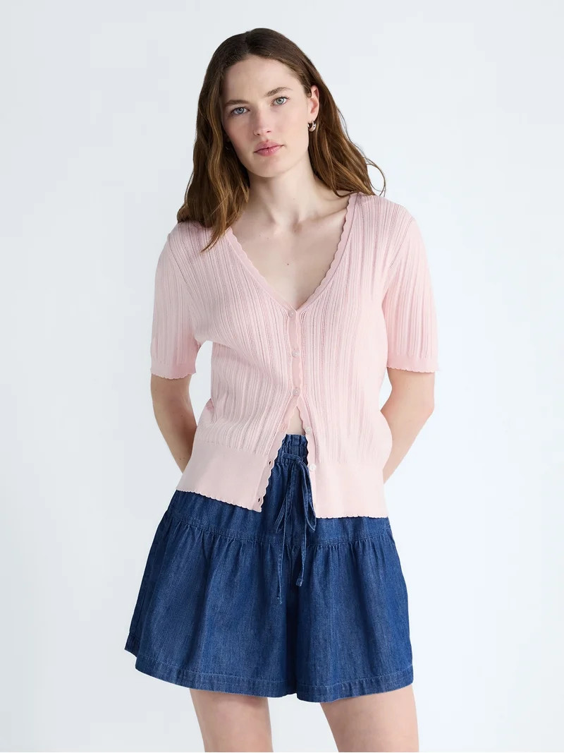 Free Assembly Women's Pointelle Cardigan Sweater with Short Sleeves, Lightweight, Sizes XS-XXL | Walmart (US)