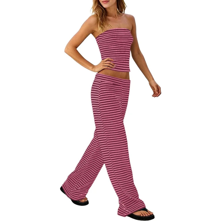 TaTaai Women Striped Sleeveless Tube Top Long Pants Matching Set Fashion Casual Ladies Fitness Da... | Walmart (US)