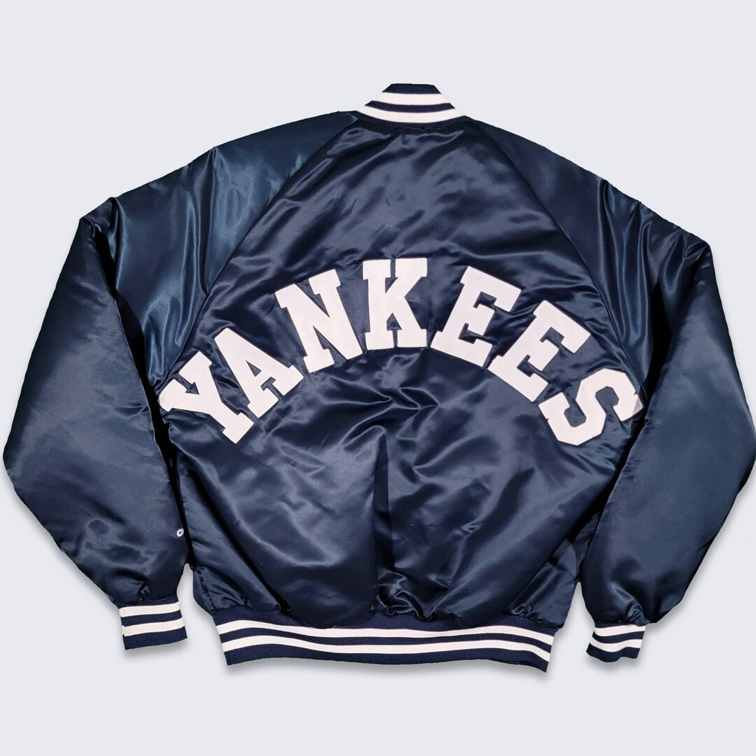 New York Yankees Vintage 80s Chalk Line Satin Bomber Jacket MLB Baseball Navy Blue Coat Made in U... | Etsy (US)
