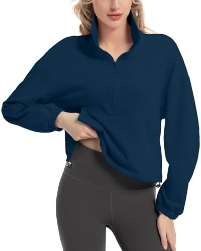 FKEEP Quarter Zip Pullover Women Cropped Sweatshirt Long Sleeve Crop Top Stand Collar Drawstring Casual Pullover zDeep Blue S | Amazon (US)