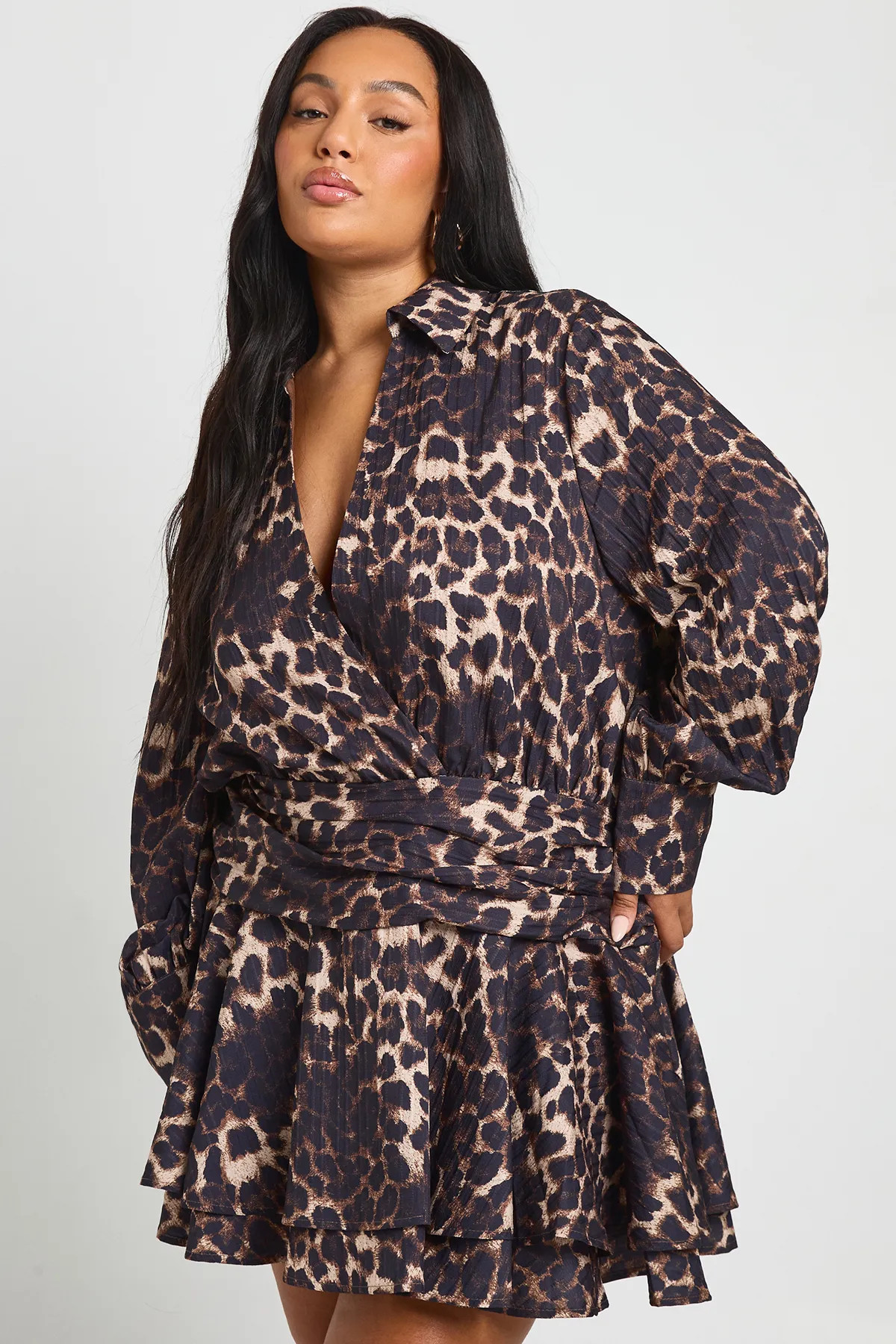 Brown Plus Leopard Ruffle Mini Skirt Shirt Dress | Boohoo USA | boohoo (US & Canada)