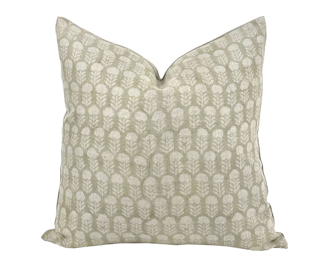 VALE | Designer Soft Green Linen Pillow Cover, Block Print Pillow, Farmhouse Pillow, Floral Green... | Etsy (US)