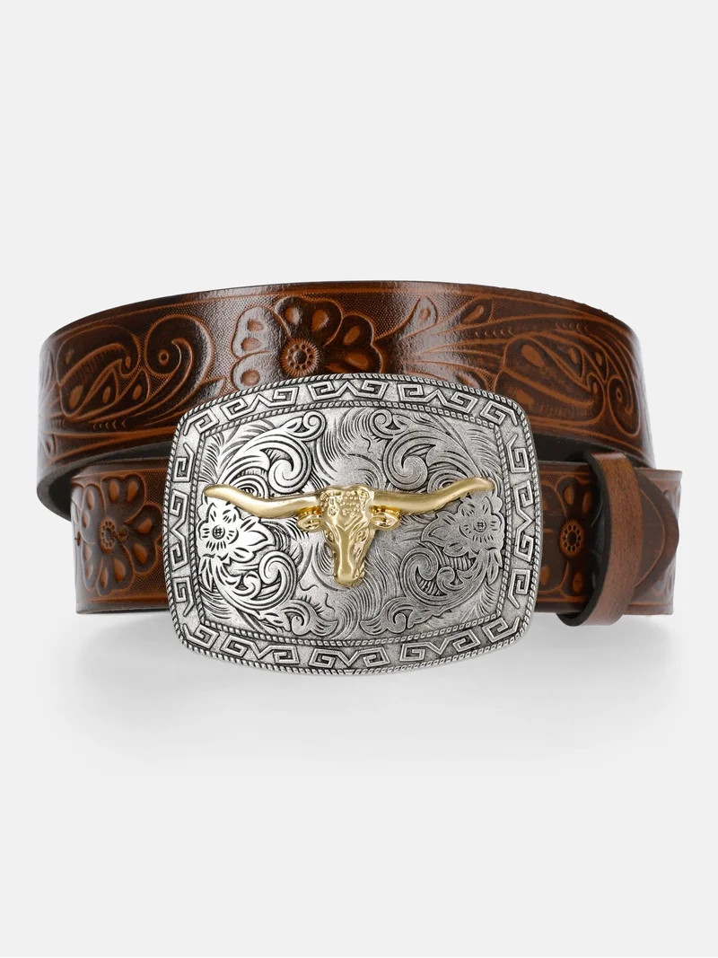 Kacey Lee Women's Embossed Leather Belt with Longhorn Buckle | Walmart (US)