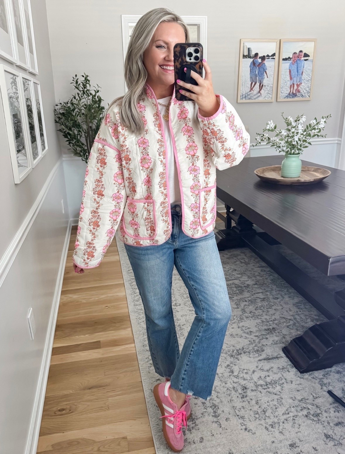 This jacket is such a fun statement piece for spring.🌸The print and pink trim make it feel so fresh, and it’s the perfect lightweight layer to throw on over basics. Easy way to elevate a simple tee and jeans without overthinking it.

spring jacket quilted jacket floral jacket lightweight layer casual outfit denim outfit spring style statement piece everyday outfit pink sneaker's lovelylifestyling 

#LTKSeasonal #LTKMothersDay #LTKootd