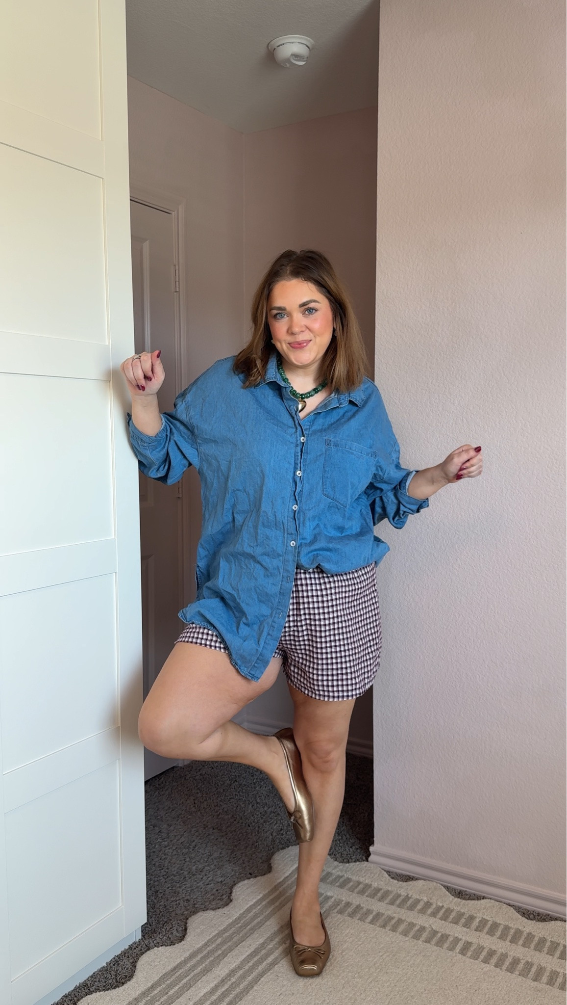 Casual fallish outfit idea wearing xl in denim skirt and boxer shorts

#LTKMidsize #LTKootd