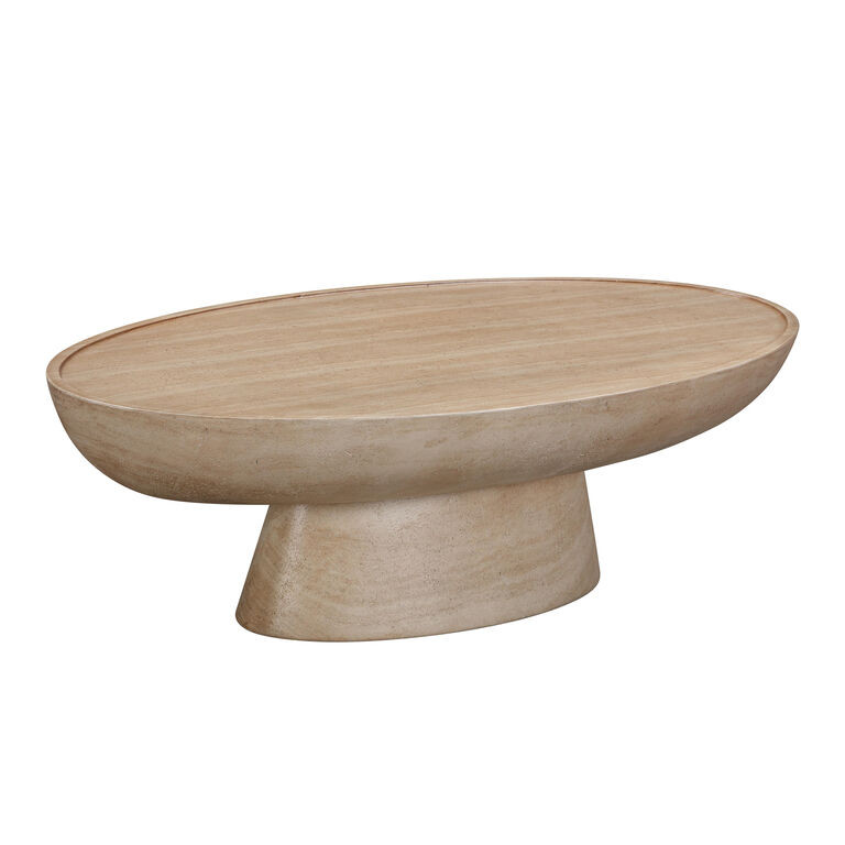 Aled Oval Faux Travertine Pedestal Outdoor Coffee Table | World Market