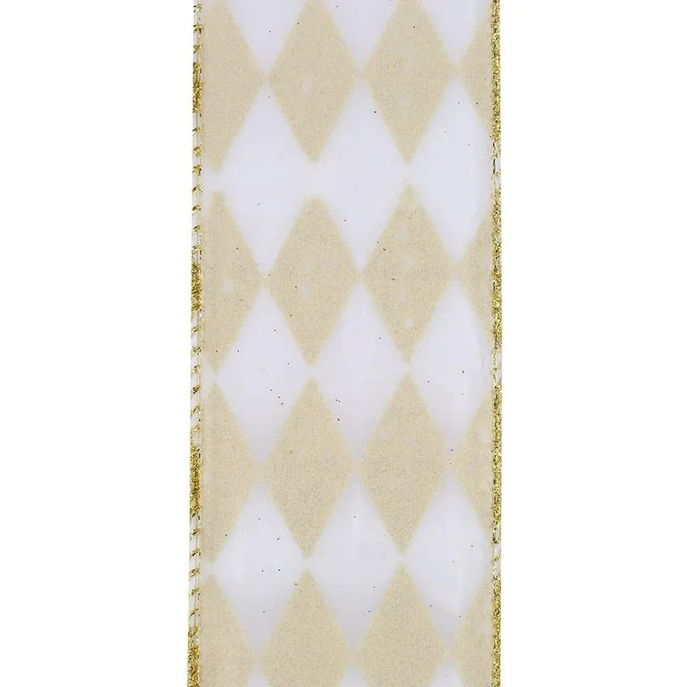 White Gold Diamonds Christmas Ribbon - 2 1/2" x 50 Yards, Argyle, Gold Wire Edged, Glitter, Mardi... | Walmart (US)