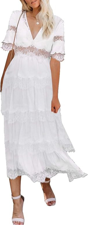 BLENCOT Womens Casual V Neck Long Evening Dress Cocktail Party Maxi Wedding Dresses | Amazon (US)