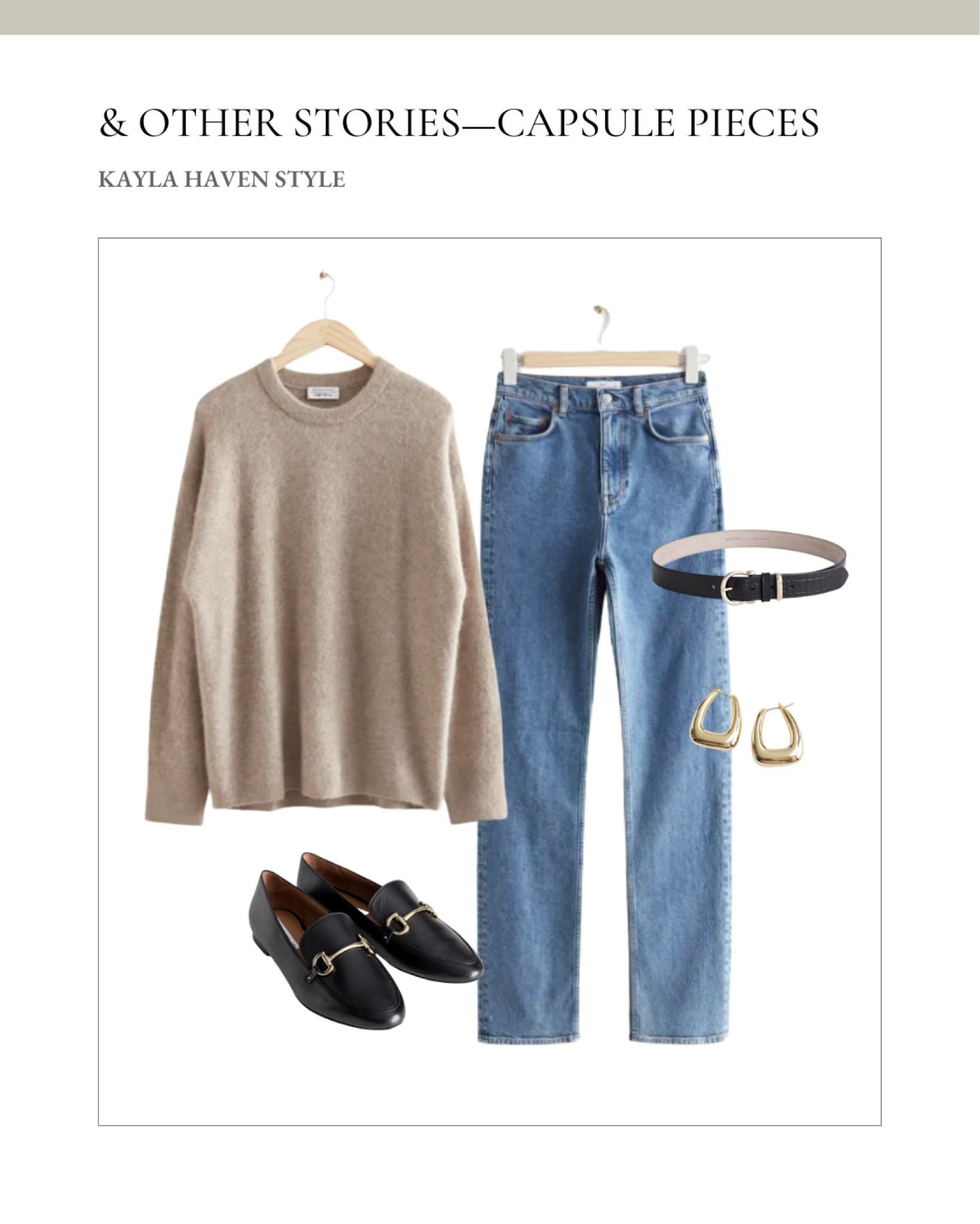 & Other Stories capsule wardrobe essentials! Denim, jeans, black leather belt, gold earrings, loafers, wool sweater.

#LTKFind #LTKfit #LTKstyletip