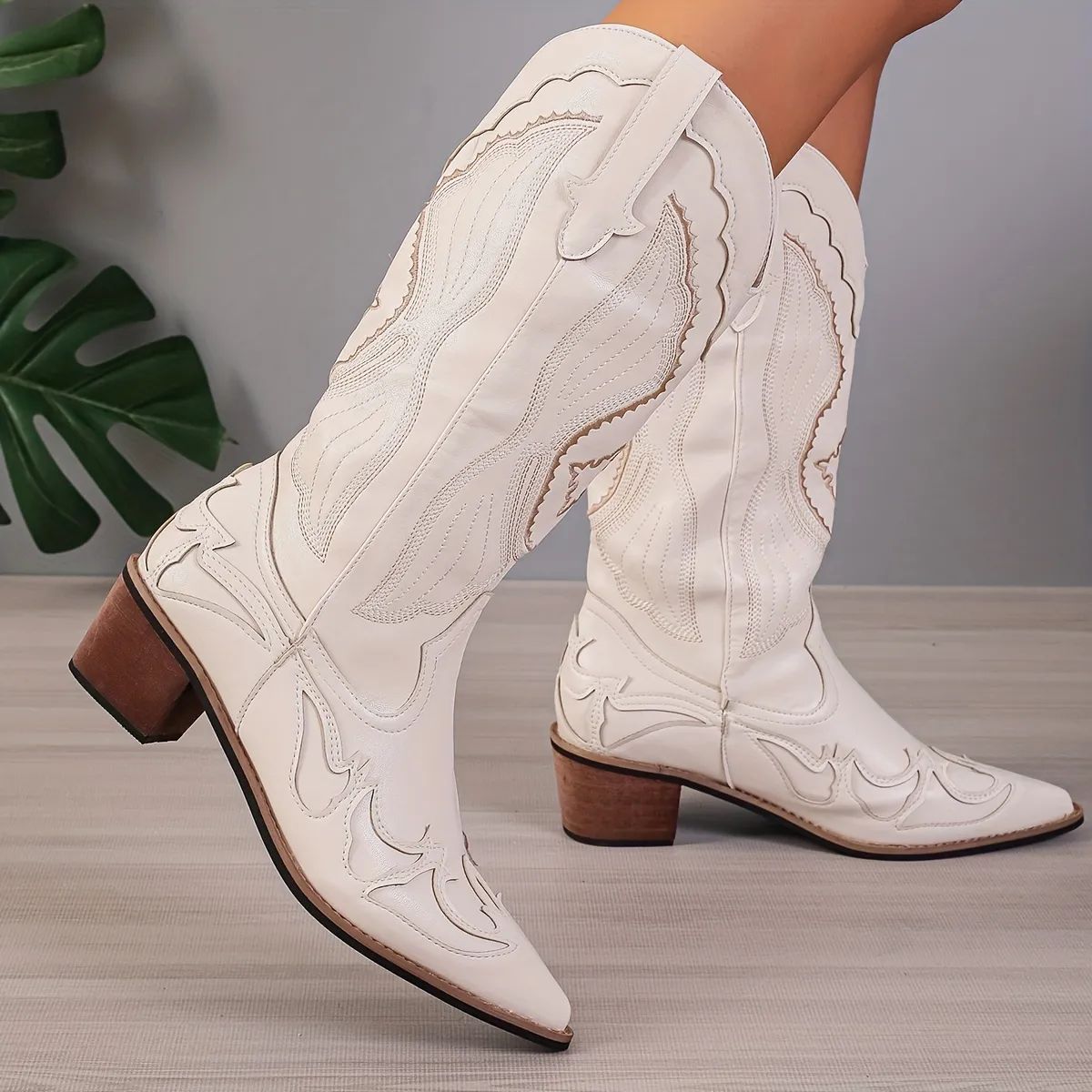 Women's Embroidered Pattern Boots, Solid Color Slip On Point Toe Shoes, Casual & Vacation Block H... | Temu Affiliate Program