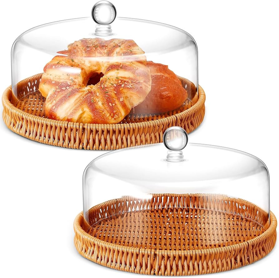 2 Pack Imitation Rattan Bread Basket with Acrylic Dome Cover 10'' Round Woven Fruit Basket with L... | Amazon (US)