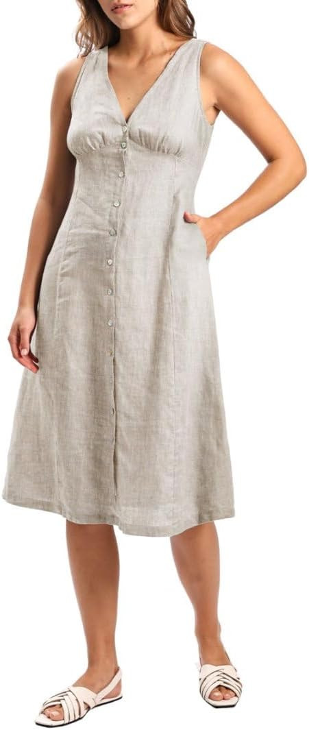 Amazhiyu Womens 100% Linen V Neck Sleeveless Button Down Midi Dress with Pockets | Amazon (US)