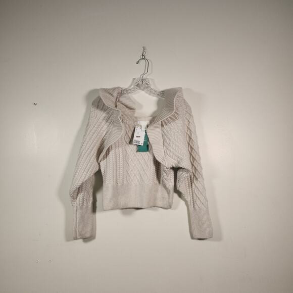 H&M Cream Sweater Womens M Cable Knit Ruffle Shoulder Cropped Neutral Cozy Boho | Poshmark
