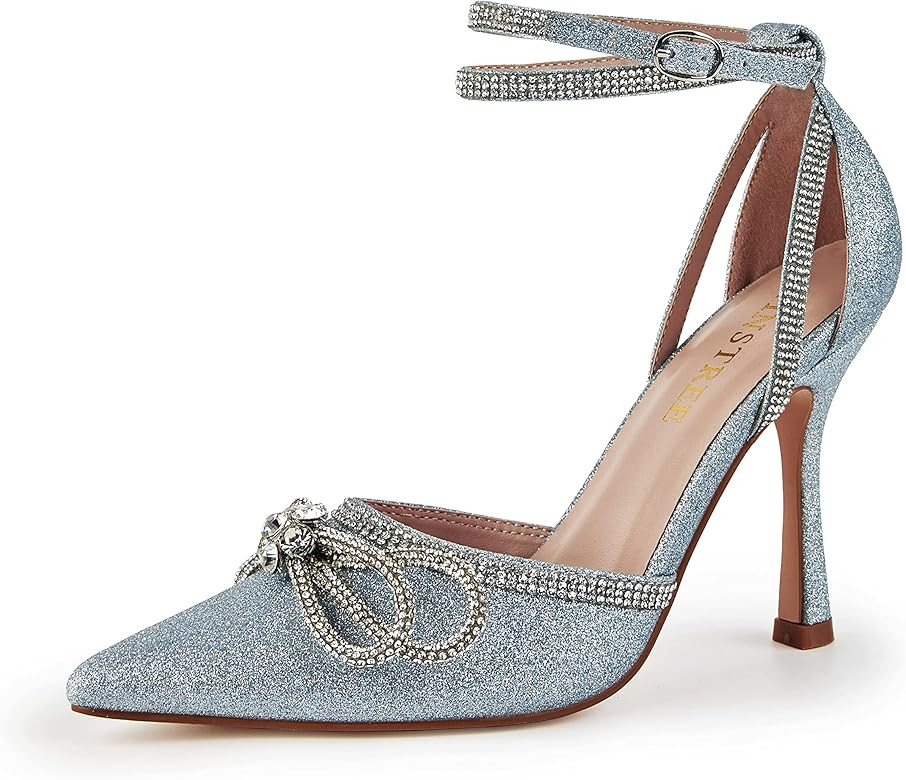 TINSTREE Women's Rhinestone Ankle Strap Heeled Sandals Pointy Toe Stilettos High Heels Pumps Lace... | Amazon (US)