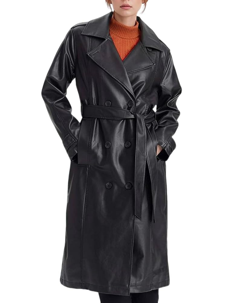 utcoco Women's Faux Leather Trench Coat Double Breasted Long PU Leather Jacket with Belt Classic ... | Amazon (US)