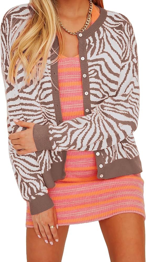 HZSONNE Women Striped Short Cardigan Sweater Color Block Button Down Knit Blouse Long Sleeve Slou... | Amazon (US)