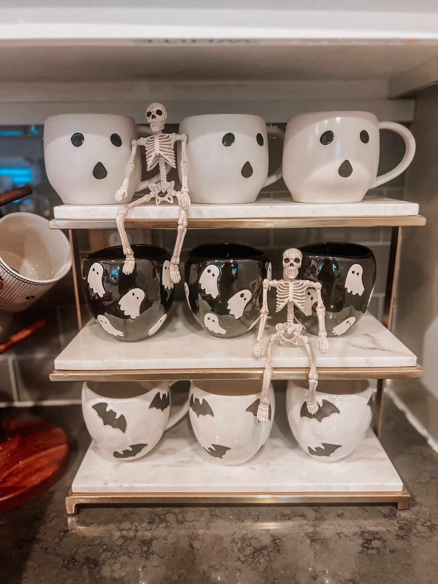 Black and white halloween mugs
White ghost mugs 
White black bat Halloween mugs
Marble and gold 3 tiered tray 