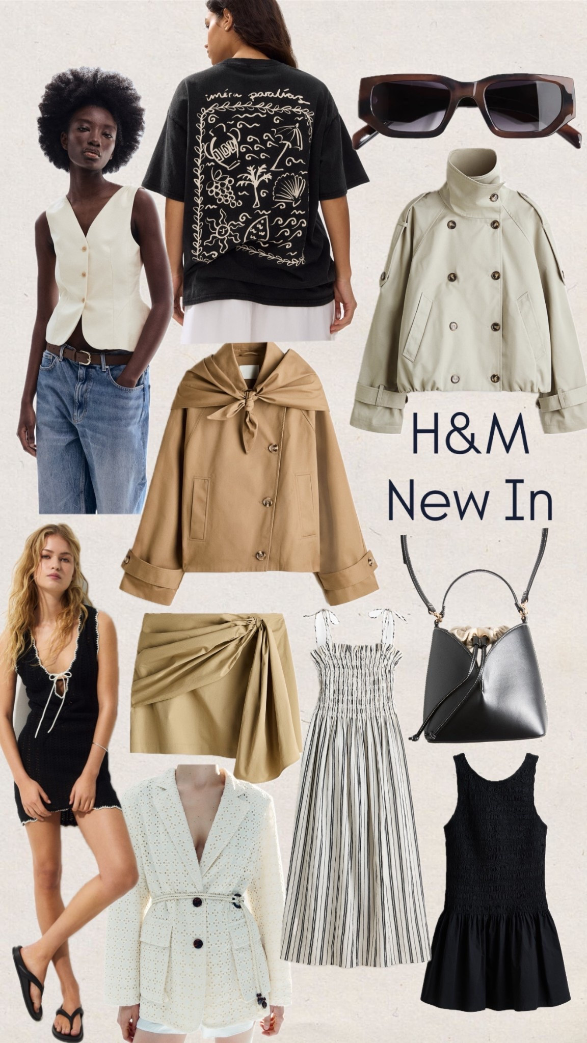 H&M new in
Cropped trench coat
Knit cover up
 Vest
Crossbody bag
Maxi dress
Mini skirt
Poplin
T shirt
Graphic tee