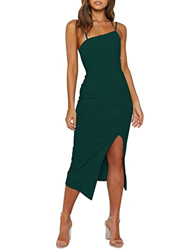 OWIN Bodycon Midi Dresses for Women Sexy Spaghetti Straps Sleeveless Party Dress with Slits Dark Green M | Amazon (US)
