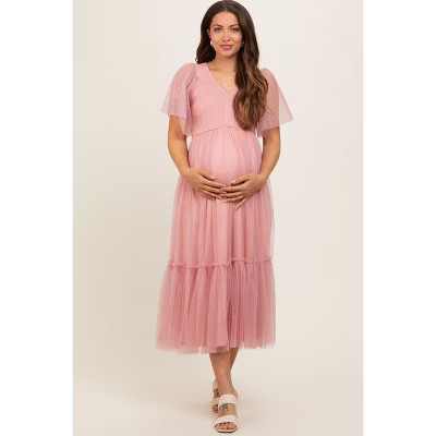 Pinkblush Mauve Dotted Tulle Smocked Maternity Midi Dress Small | Target