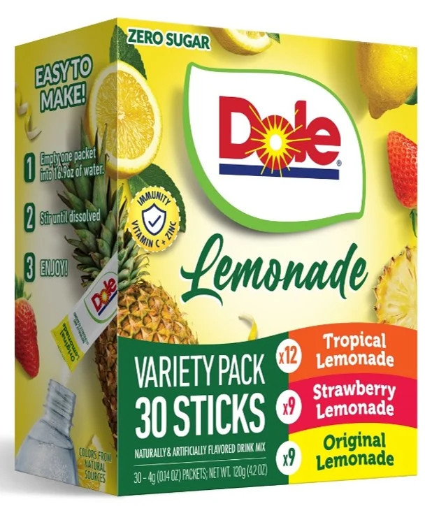 Dole Lemonade Variety Powder Mix, Tropical, Classic, & Strawberry, 30 Pack | Walmart (US)