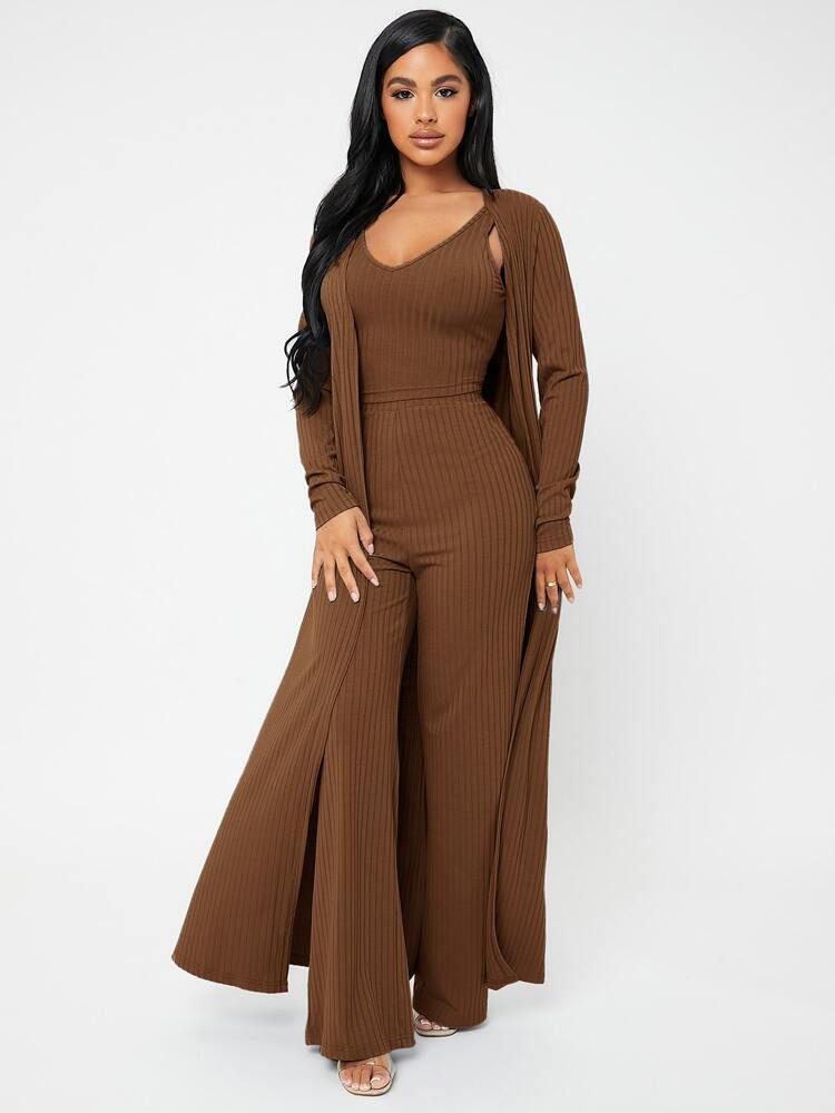 SHEIN Open Front Rib-knit Coat & Pants Set With Camisole | SHEIN