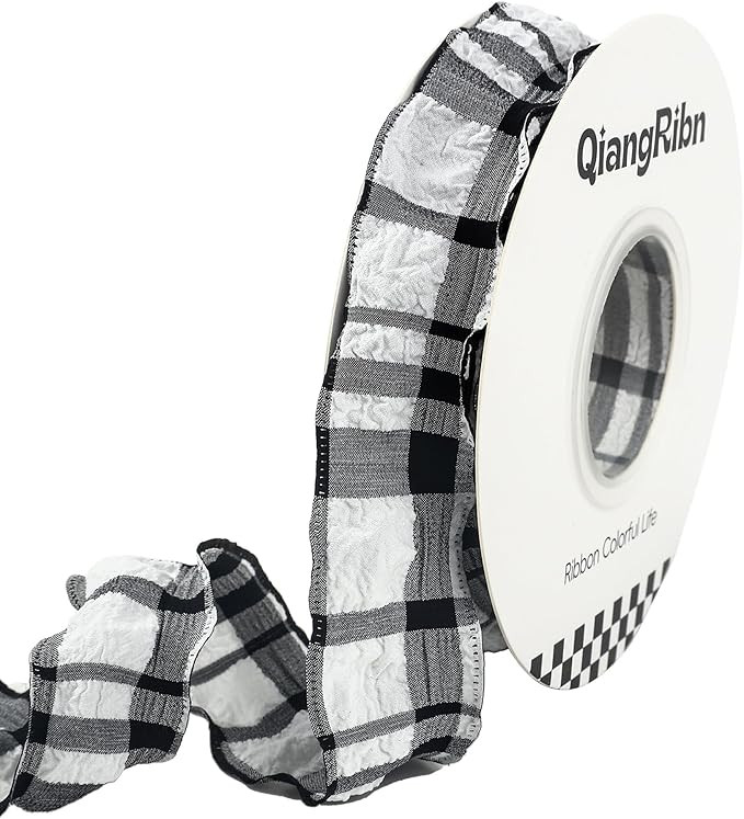 QIANGRIBN 1 Inch 10 Yards Gingham Ribbon Black Plaid Ribbon Ruffled Edge Polyester Fabric for Gif... | Amazon (US)