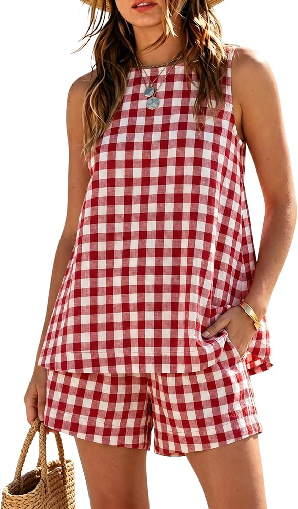 Gozoloma Women's Oversized Gingham 2 Piece Set Crewneck Sleeveless A-Line Top and Relaxed Shorts ... | Amazon (US)