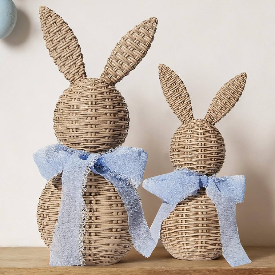 WDS WONDROUS Rattan Effect Resin Bunnies with Light Blue Bow 2-Pcs Large & Small, Easter Decorati... | Amazon (US)