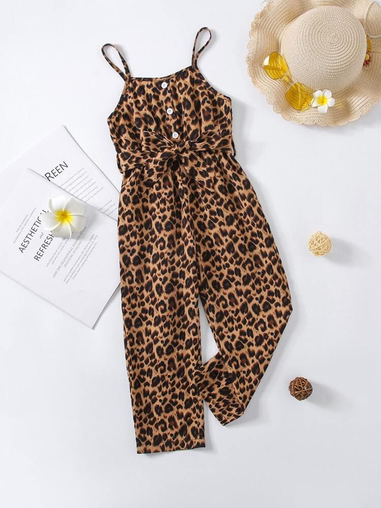 Toddler Girls Leopard Print Fake Button Belted Cami Jumpsuit | SHEIN
